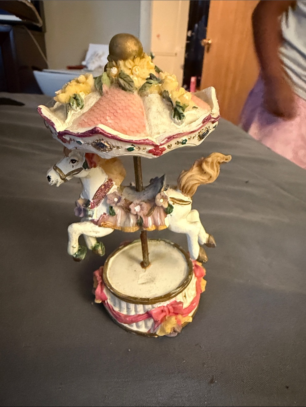 Vintage-Style White and Pink Carousel Horse Music Box
